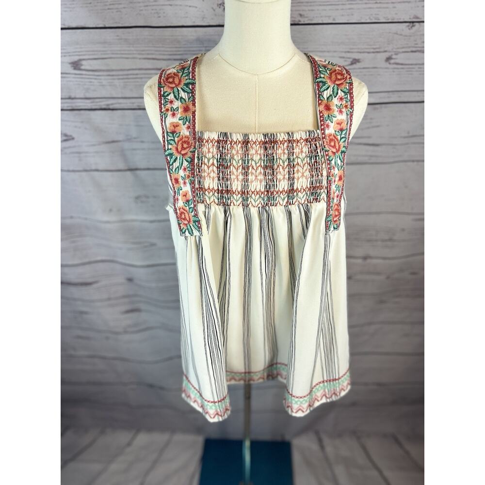 Savanna Jane Embroidered Striped Top Women Large Boho Floral Smocked Blouse - Picture 2 of 7